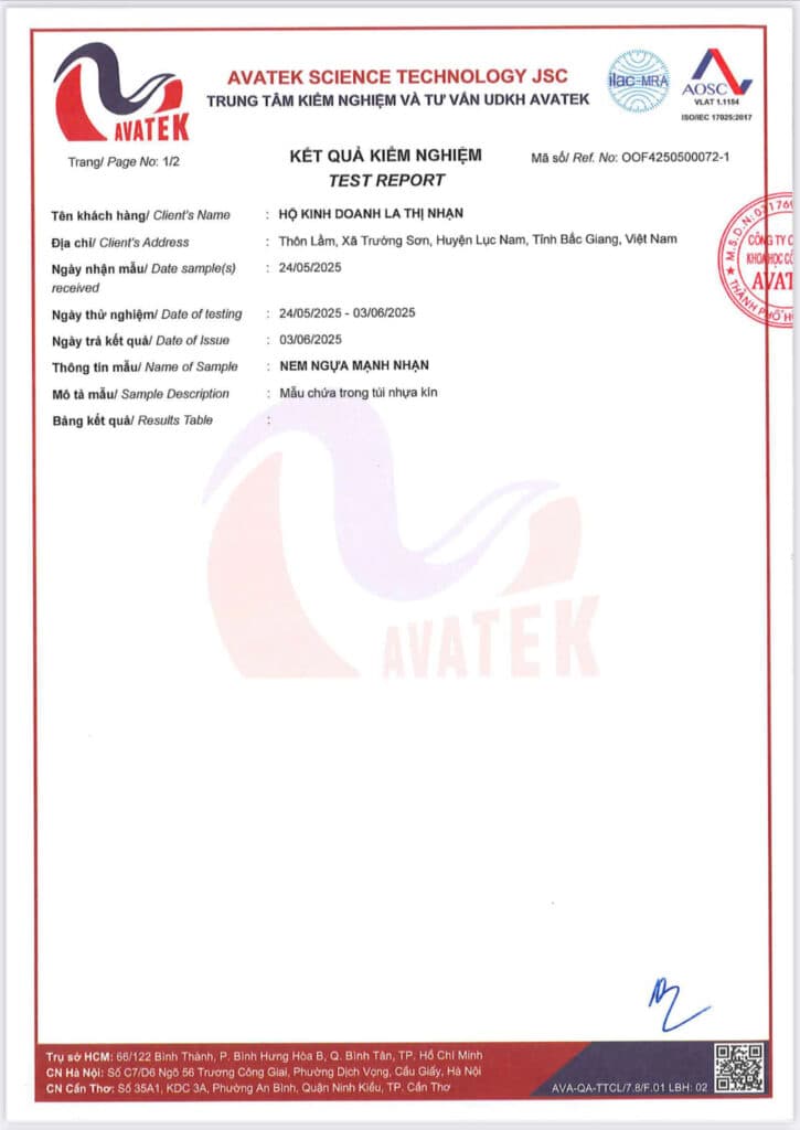Phiếu kiểm nghiệm Avatek